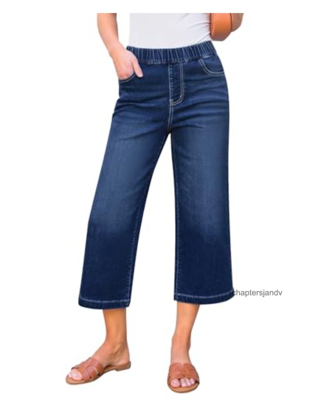 Wide Leg High Waisted Pull On Stretchy Denim Capri Jeans with Pockets